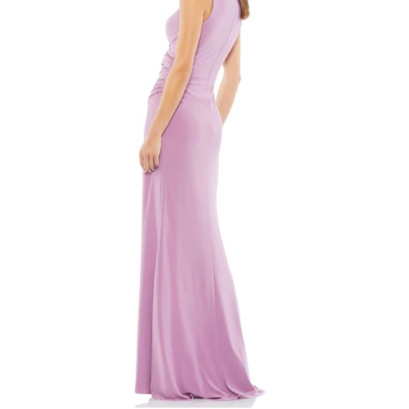 MAC DUGGAL 26513 RUCHED STRETCH JERSEY V-NECK THIGH SLIT LILLAC GOWN sz 8 - Picture 7 of 7